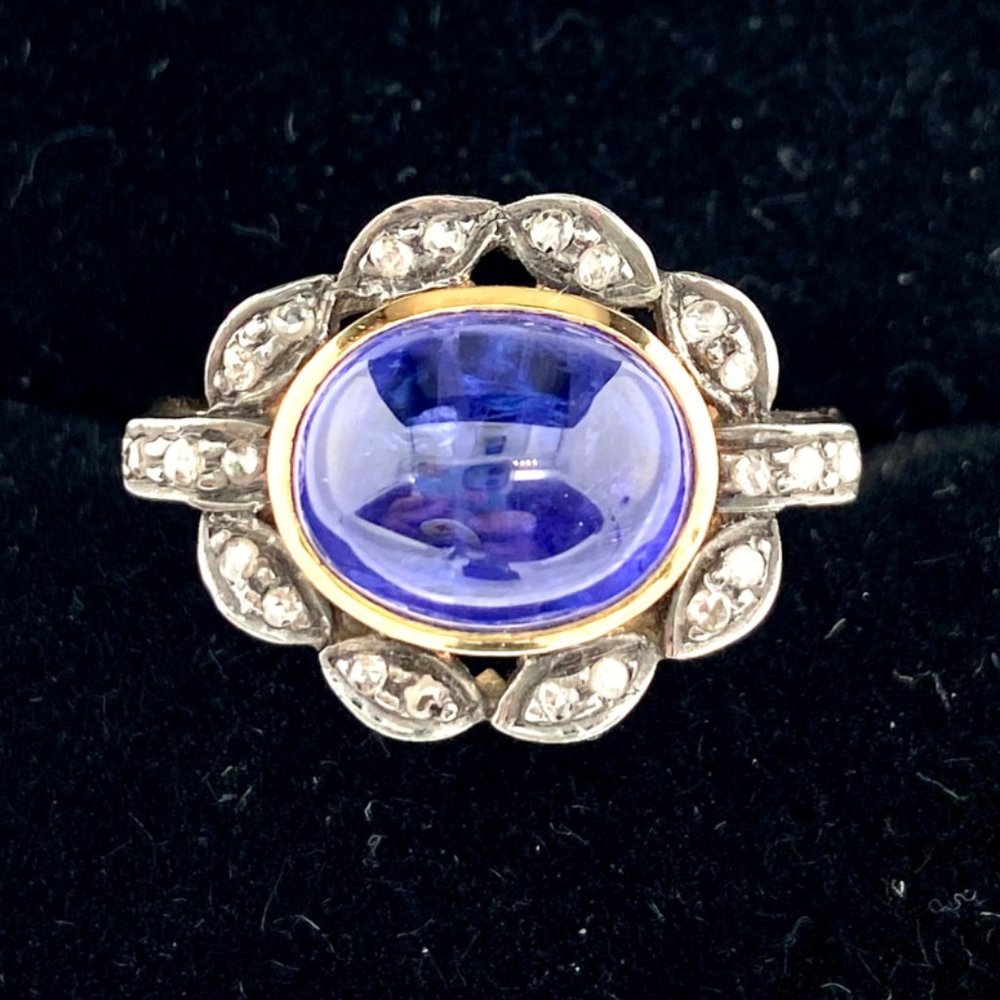 Sold! 14KT Yellow Gold Oval Bezel Set Tanzanite and Diamond Ring Floral Design